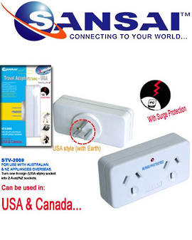 SANSAI Travel Double Adaptor for NZ/AUS to USA Canada